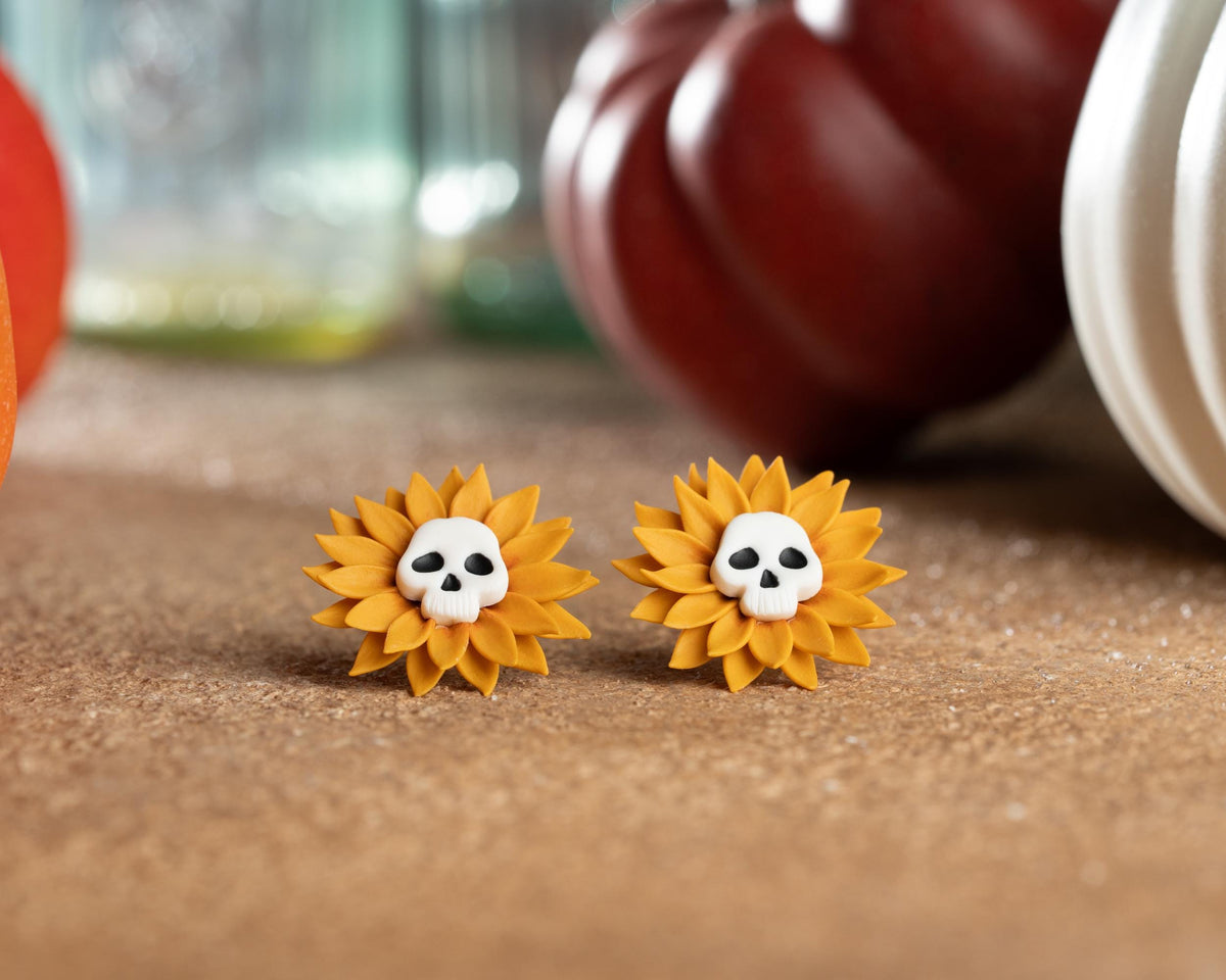 Sunflower Skull Earrings – Handmade Polymer Clay Halloween & Fall Jewelry