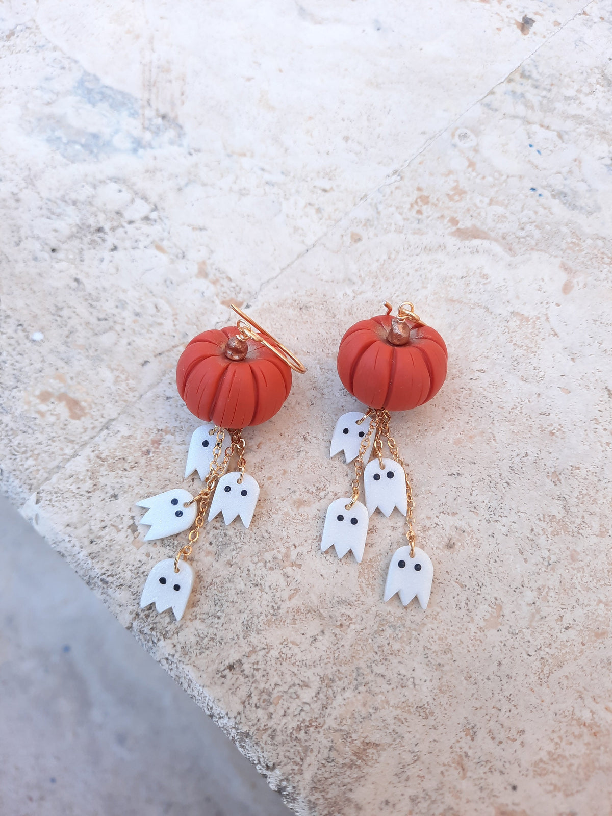 Pumpkin Dangle Earrings with Ghosts , Hanmade Polymer Clay Halloween jewelry ,Spooky Season Accessories