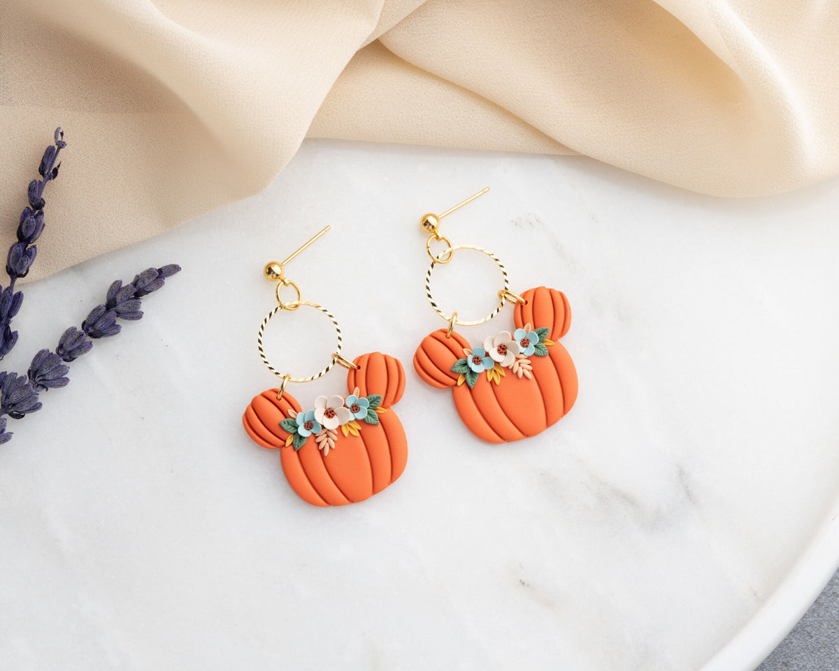 Floral Mickey Pumpkin earrings | Handmade Disney Halloween jewelry , whimsical Mouse Accessories