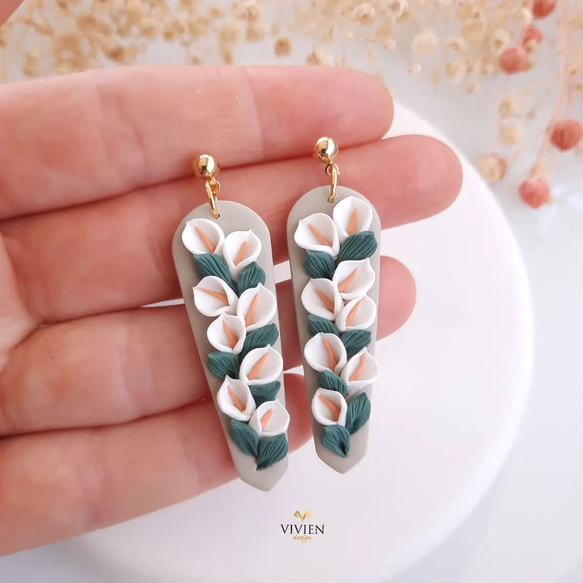 Calla Lily Polymer Clay Earrings: 24K Gold Plated, Hypoallergenic