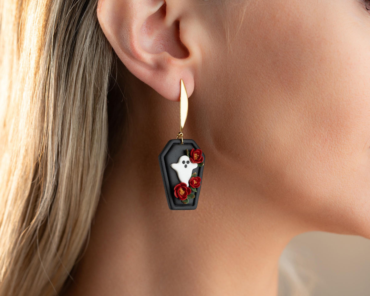 Floral Ghost Coffin Earrings , Handmade polymer clay Gothic Halloween spooky Jewelry