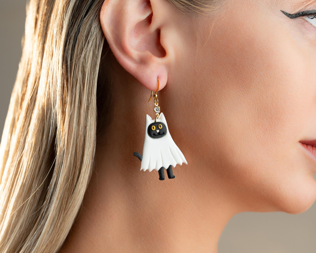 Ghost Cat Earrings , Handmade Polymer Clay Jewelry , Spooky Seasons Accessories