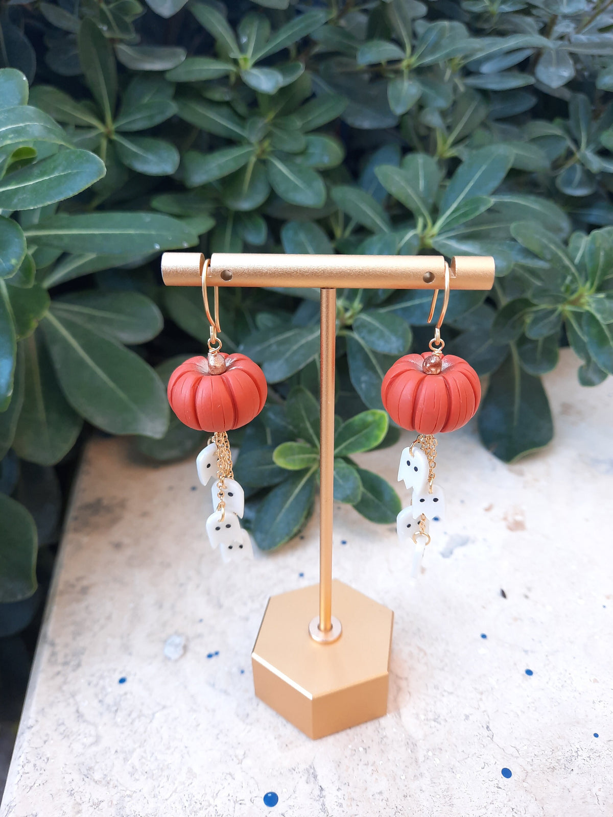 Pumpkin Dangle Earrings with Ghosts , Hanmade Polymer Clay Halloween jewelry ,Spooky Season Accessories