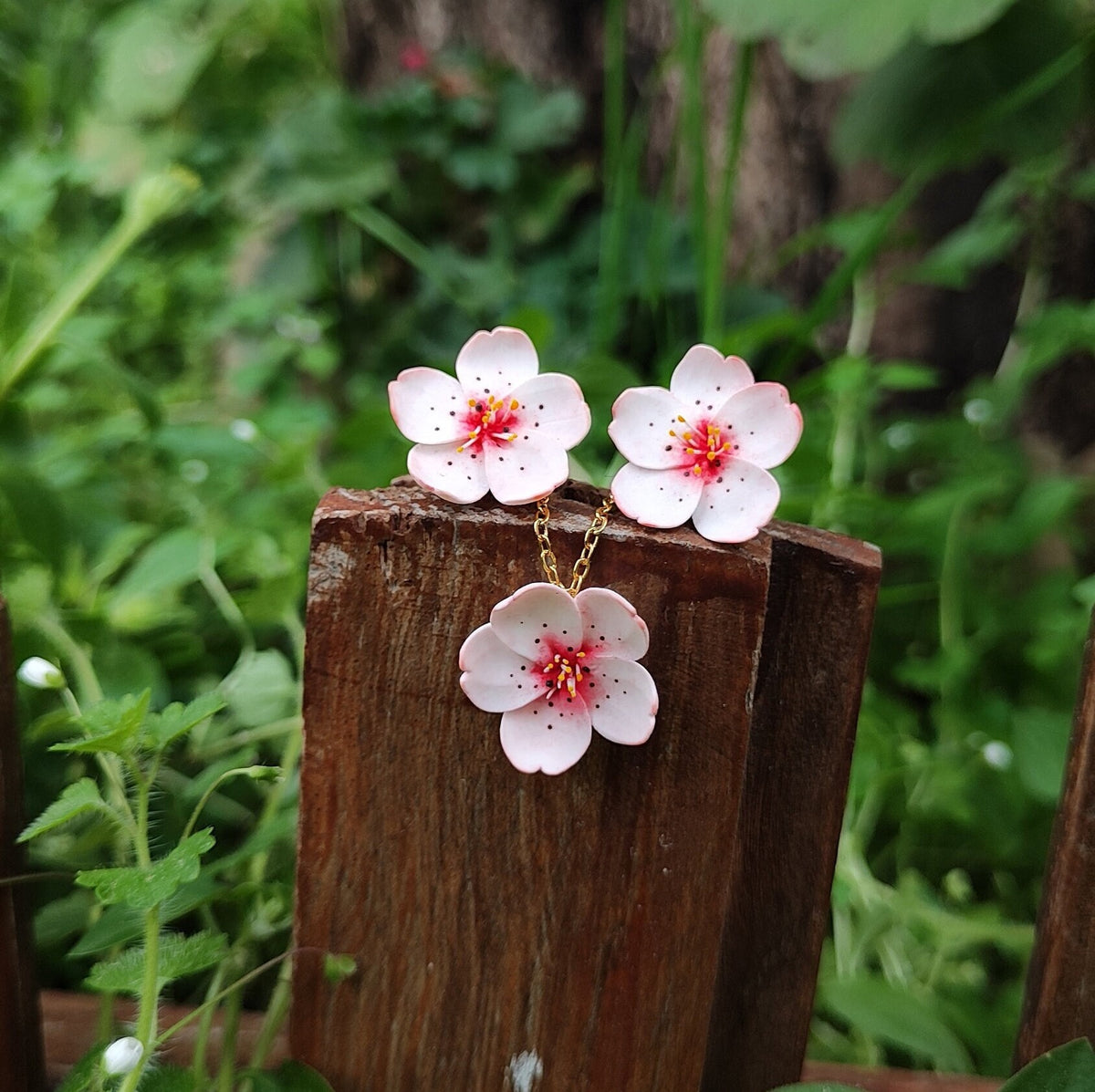 Handmade Polymer Clay Cherry Blossom Jewelry Set: Gold Plated Sakura Necklace & Stud Earrings