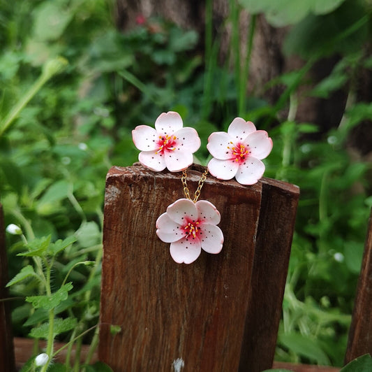 Handmade Polymer Clay Cherry Blossom Jewelry Set: Gold Plated Sakura Necklace & Stud Earrings