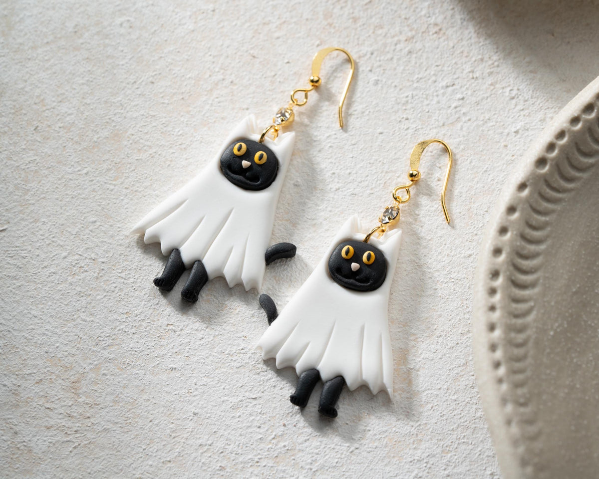 Ghost Cat Earrings , Handmade Polymer Clay Jewelry , Spooky Seasons Accessories