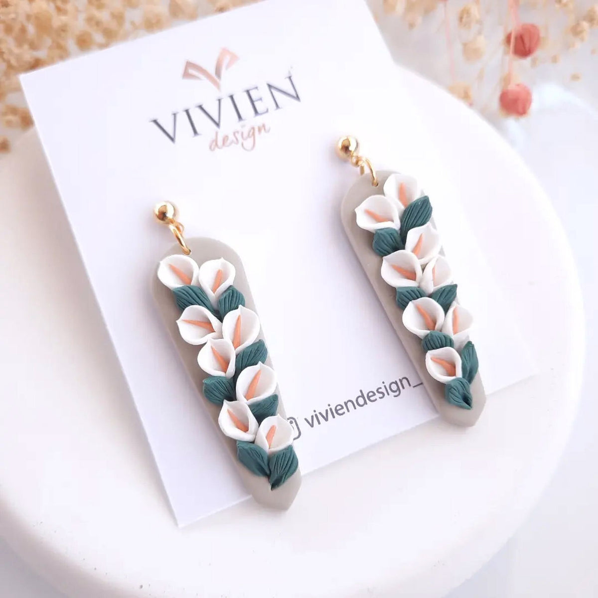 Calla Lily Polymer Clay Earrings: 24K Gold Plated, Hypoallergenic