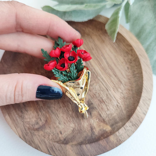 Poppy Bouquet Brooch , Handmade Polymer Clay Flower Pin , Red Poppies in Gold Bouquet Wrap