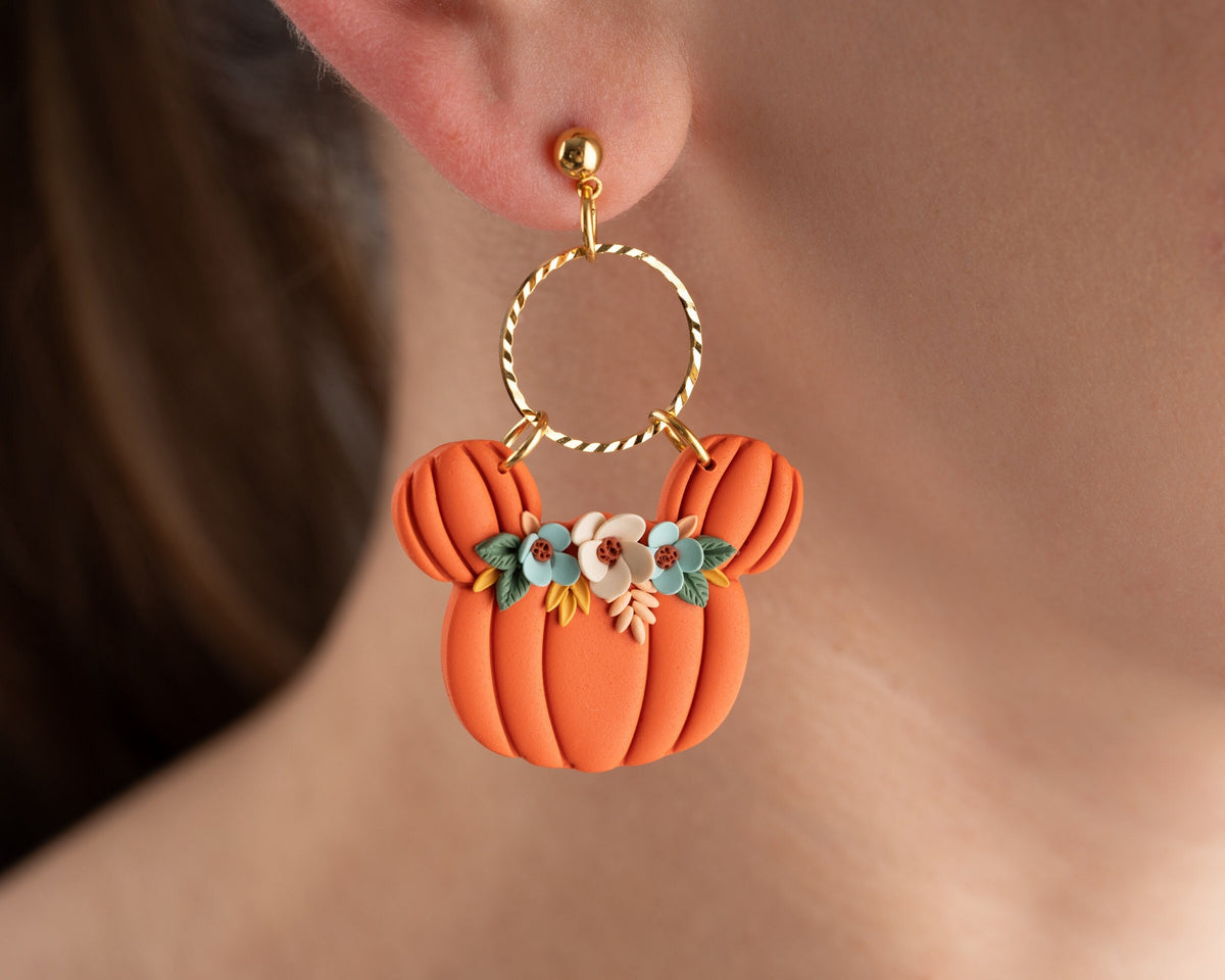 Floral Mickey Pumpkin earrings | Handmade Disney Halloween jewelry , whimsical Mouse Accessories