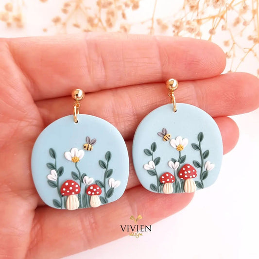 Handmade Cottagecore Clay Earrings: Mushroom & Bee Jewelry