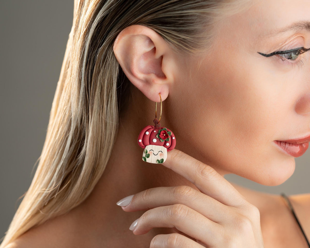 Kawaii Pumpkin Mushroom Earrings: Handmade Polymer Clay Halloween Jewelry