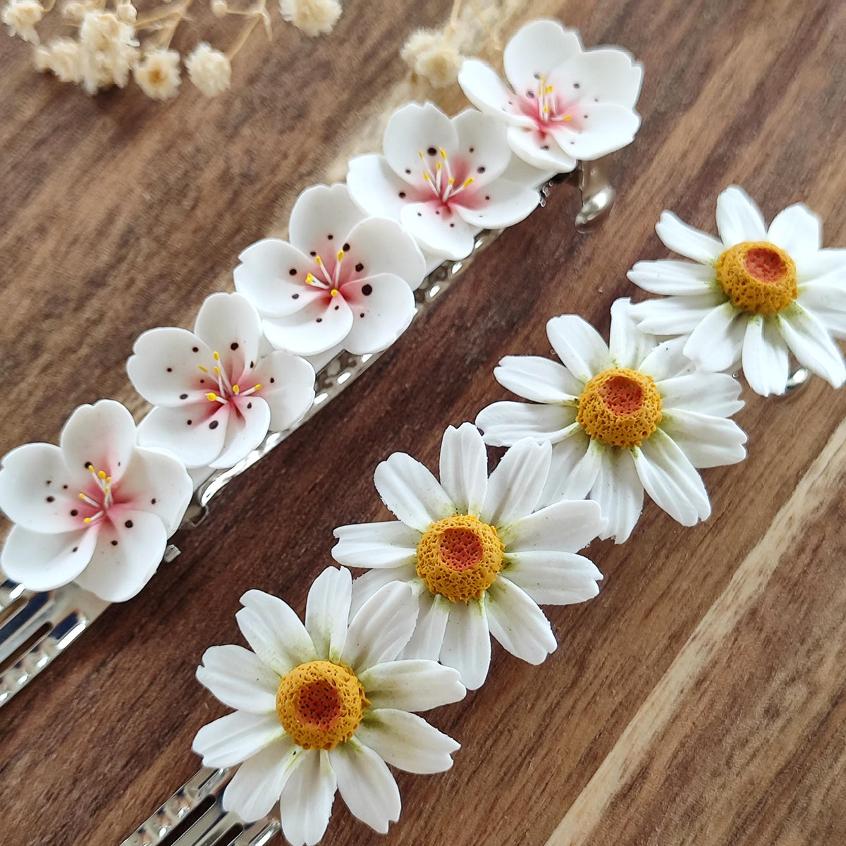 Daisy and Sakura Hair Clips,Botanical Hair Jewelry,Hair Accessories, Realistic White Flower Barrette