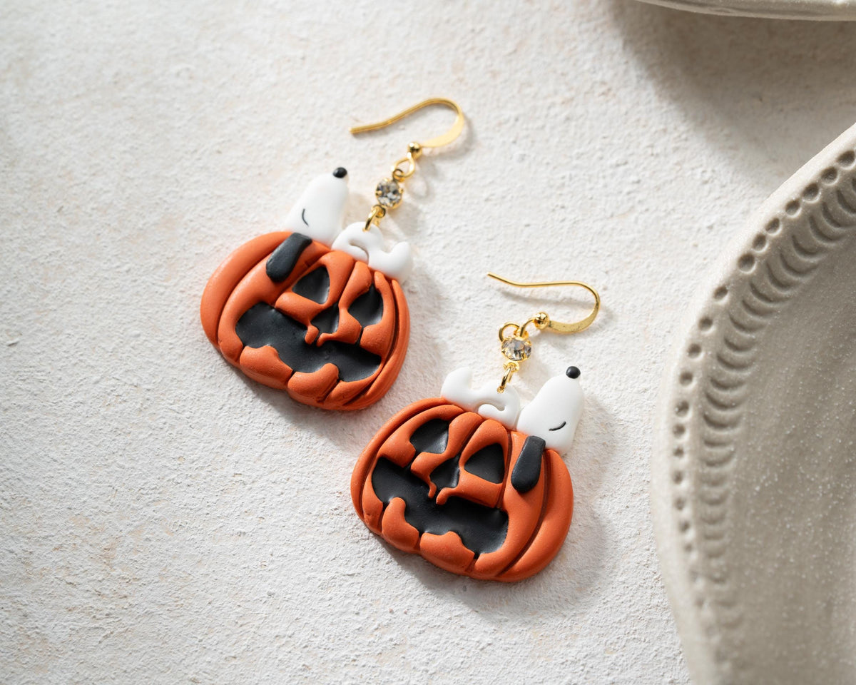 Snoopy Pumpkin Earrings , Peanuts Snoopy Halloween Jewelry , Spooky Polymer clay Accessories