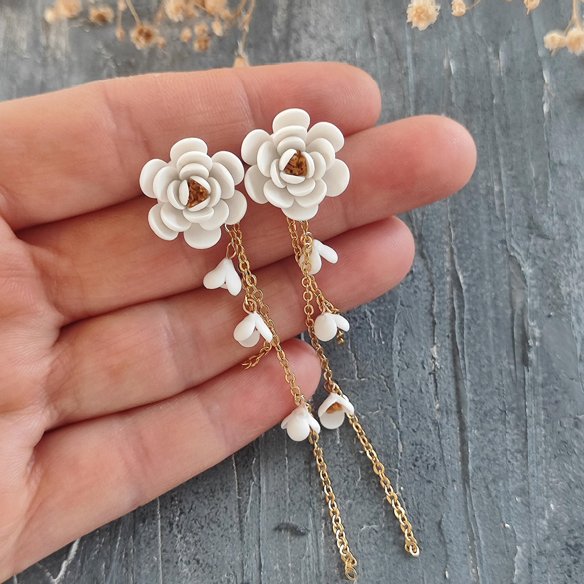 White Floral Dangle Earrings, Handmade Flower Polymer clay Earrings with Gold Chain, Romantic Jewelry , Boho Chic Polymer Clay Accessories