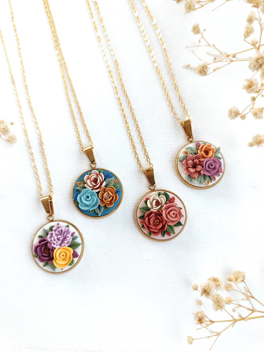 Floral bouquet necklace ,Mother's Day Gifts,Flower handmade jewelry,Gold plated necklace.Polymer clay Unique Necklace