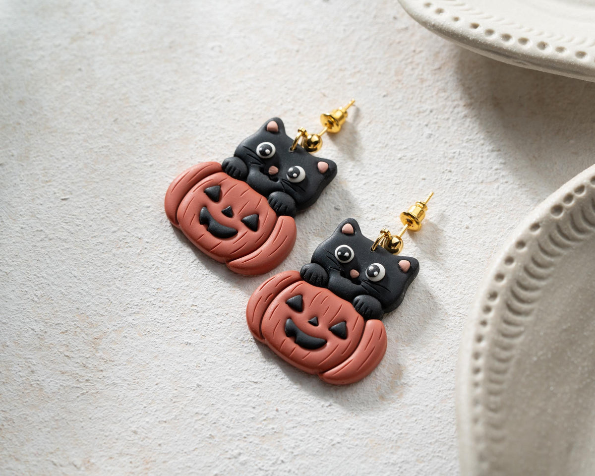 Black Cat in Pumpkin Earrings , Handmade Polymer Clay Halloween Jewelry , Cat lover gift