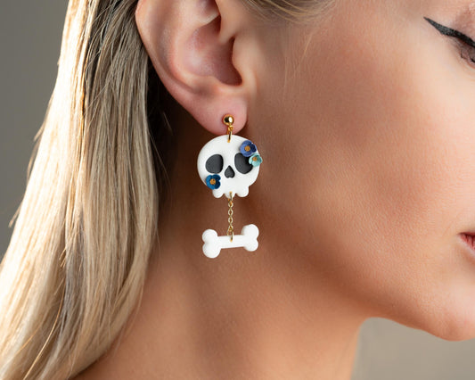 Floral Skull Drop Earrings: Handmade Polymer Clay Halloween Jewelry