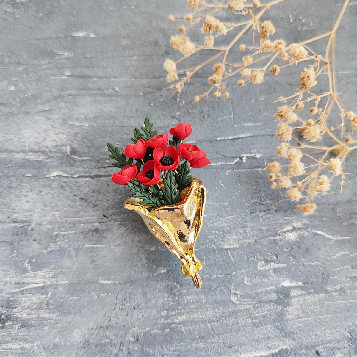 Poppy Bouquet Brooch , Handmade Polymer Clay Flower Pin , Red Poppies in Gold Bouquet Wrap