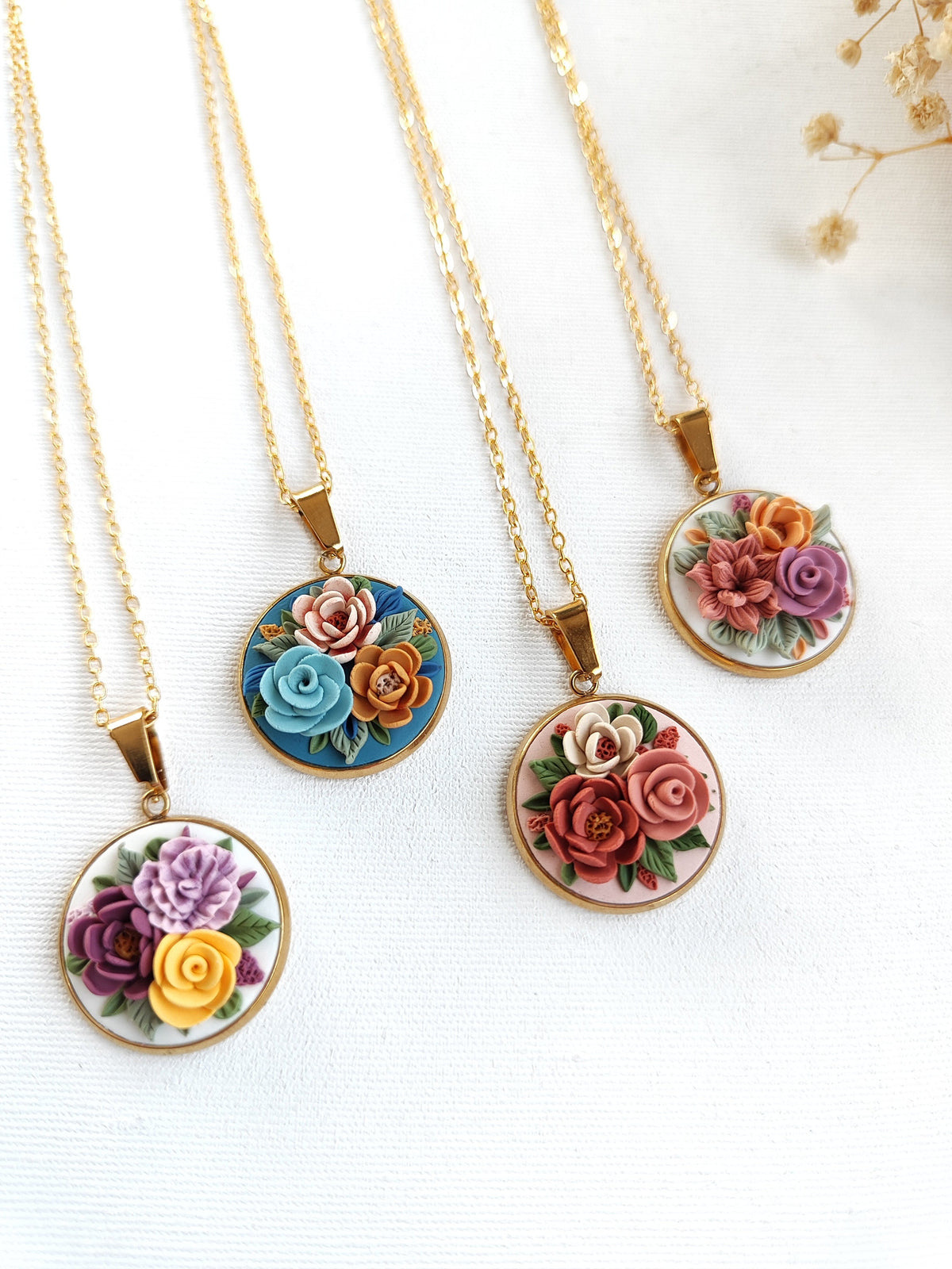 Floral bouquet necklace ,Mother's Day Gifts,Flower handmade jewelry,Gold plated necklace.Polymer clay Unique Necklace