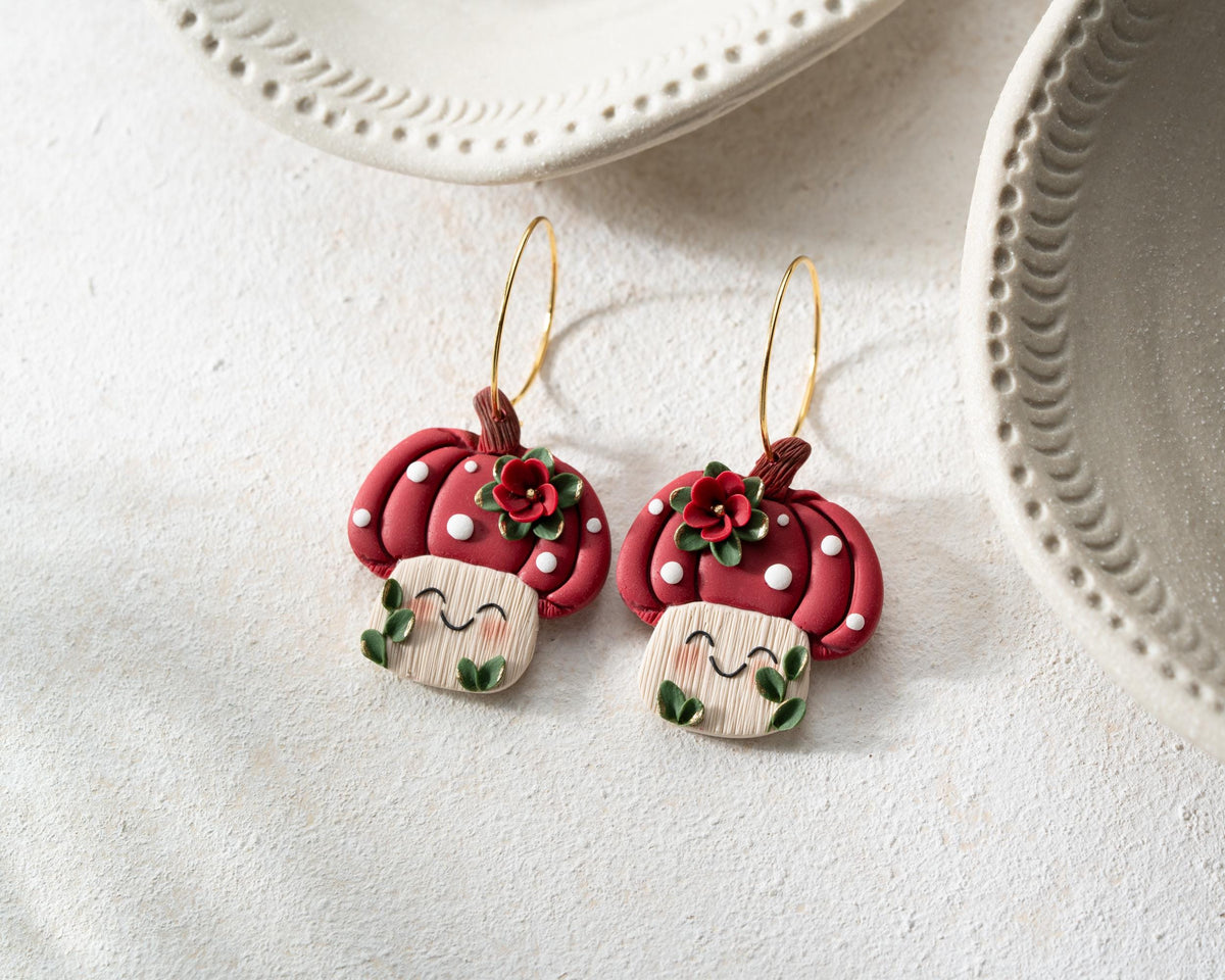 Kawaii Pumpkin Mushroom Earrings: Handmade Polymer Clay Halloween Jewelry
