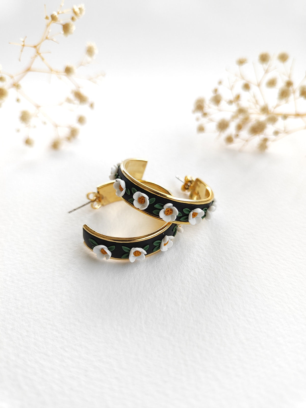 White floral hoop earrings,18 k Gold plated handmade clay earrings,Natural jewelry,gift unique jewelry