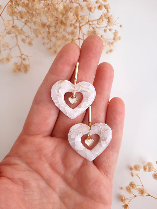 Handmade White Marble Heart Earrings: 24K Gold Plated Polymer Clay