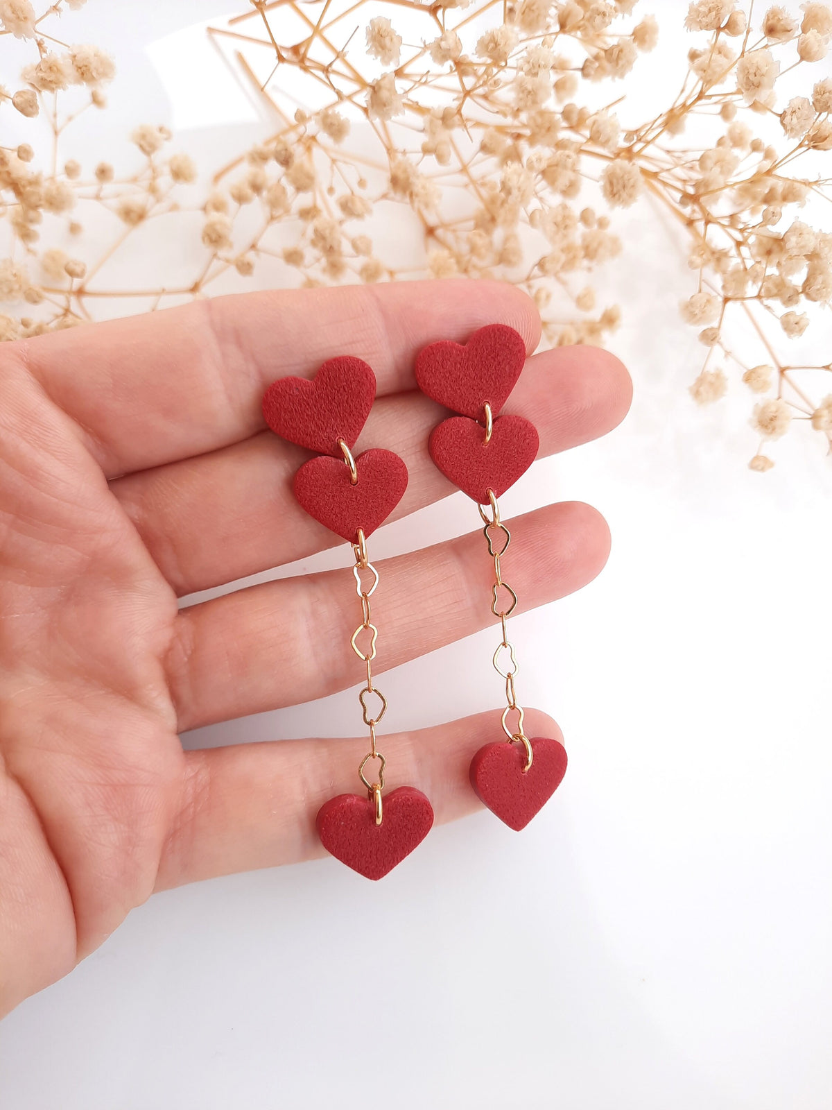 Red Heart Dangle Earrings: 24k Gold Plated Chain, Handmade Polymer Clay