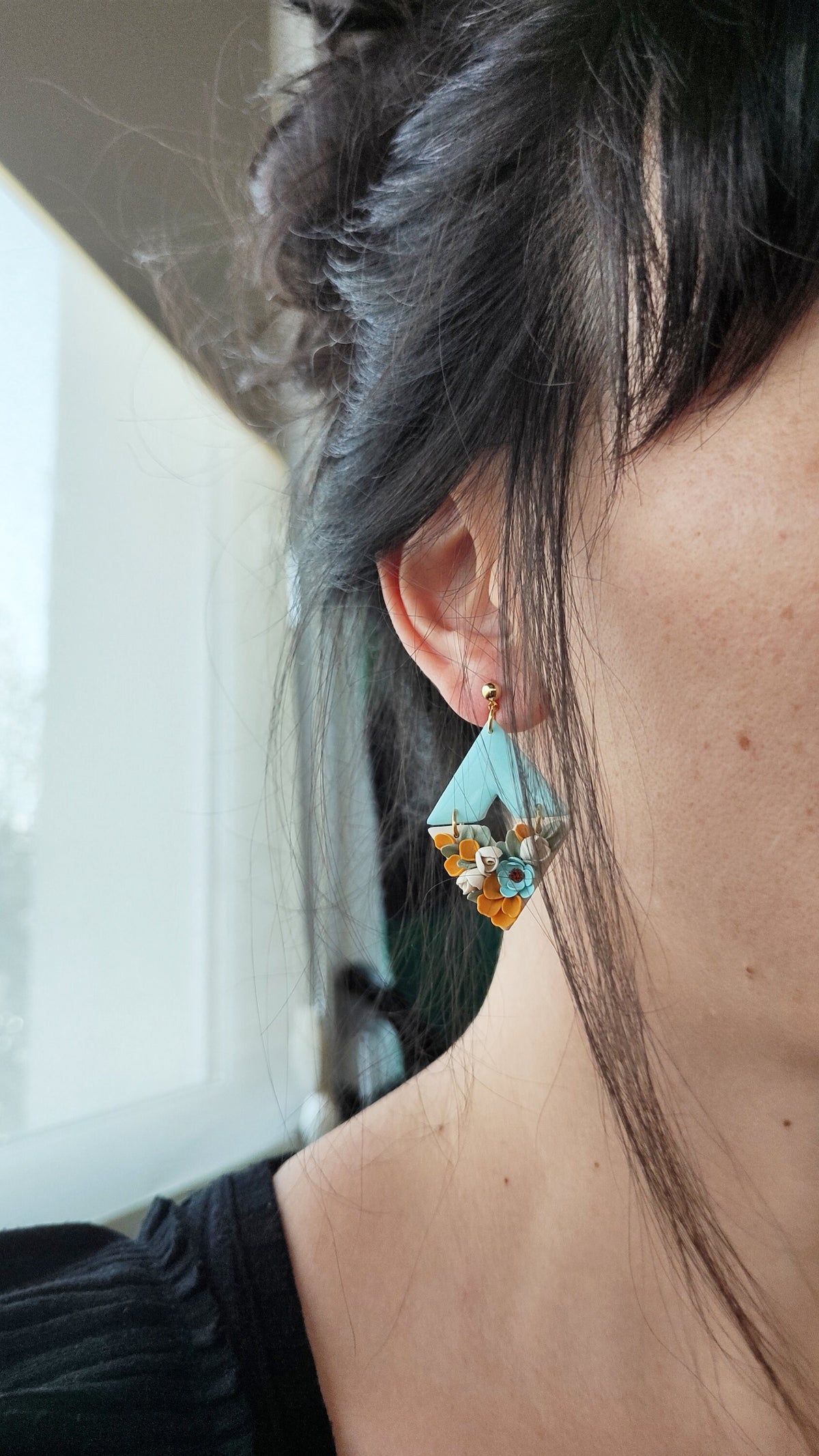 Floral polymer clay earrings,blue flower statement earrings,unique handmade jewerly gift