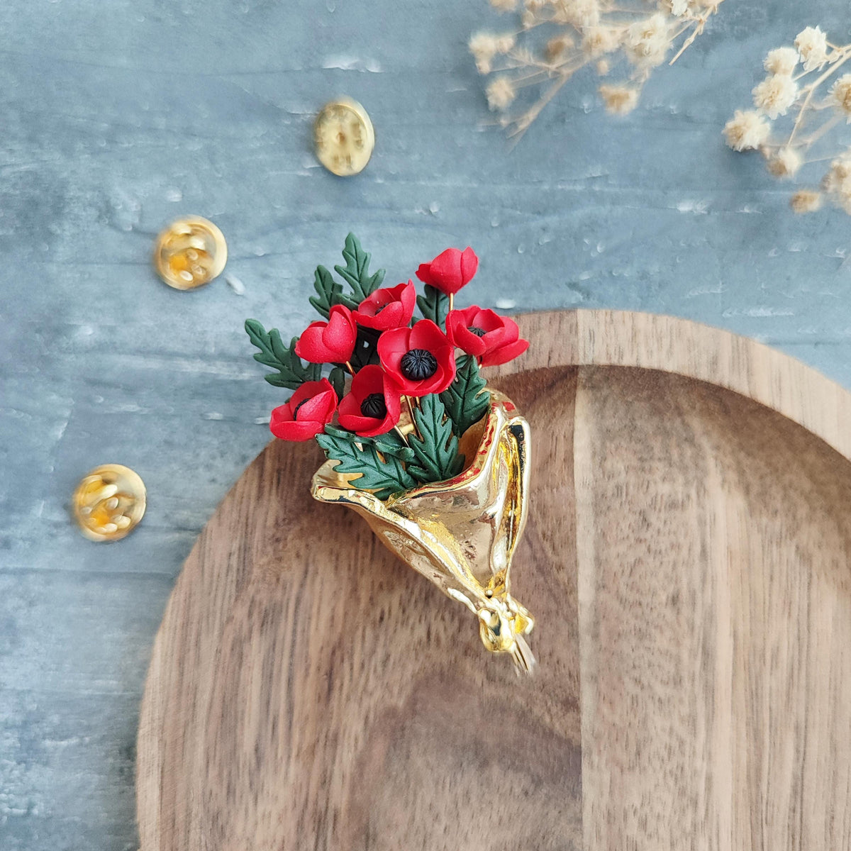 Poppy Bouquet Brooch , Handmade Polymer Clay Flower Pin , Red Poppies in Gold Bouquet Wrap