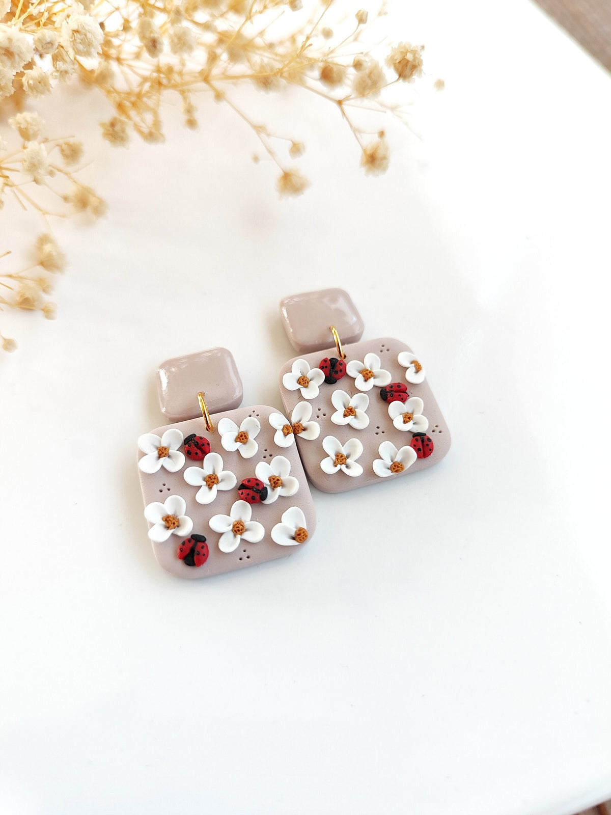 Ladybug and floral polymer clay earrings ,unique handmade earrings like spring,unique jewelry gift