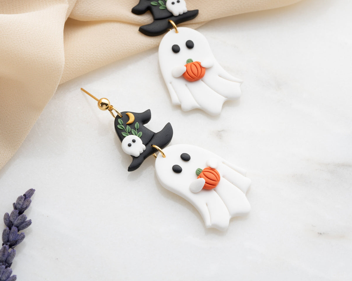 Ghost witch Earrings , Handmade Halloween earrings , Polymer clay spooky jewelry , whimsical Accessories
