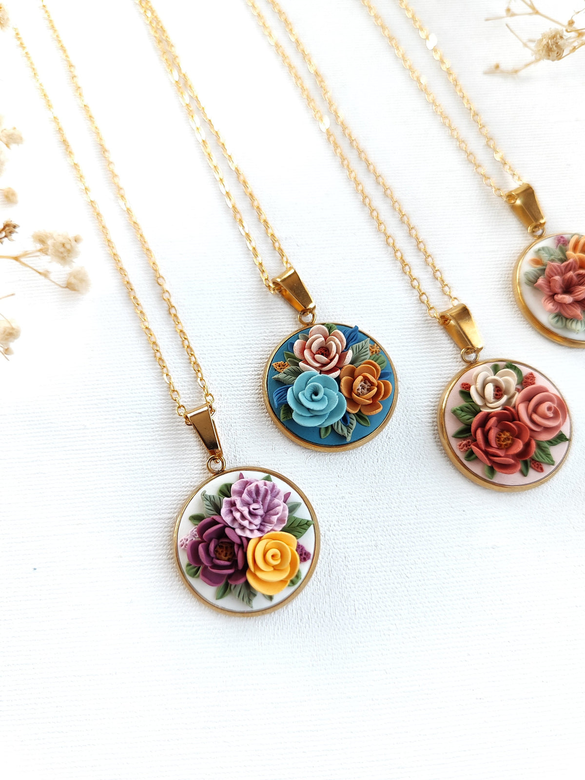 Floral bouquet necklace ,Mother's Day Gifts,Flower handmade jewelry,Gold plated necklace.Polymer clay Unique Necklace
