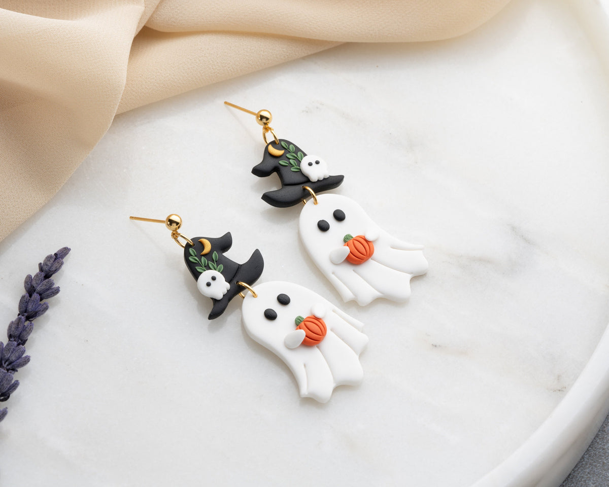 Ghost witch Earrings , Handmade Halloween earrings , Polymer clay spooky jewelry , whimsical Accessories