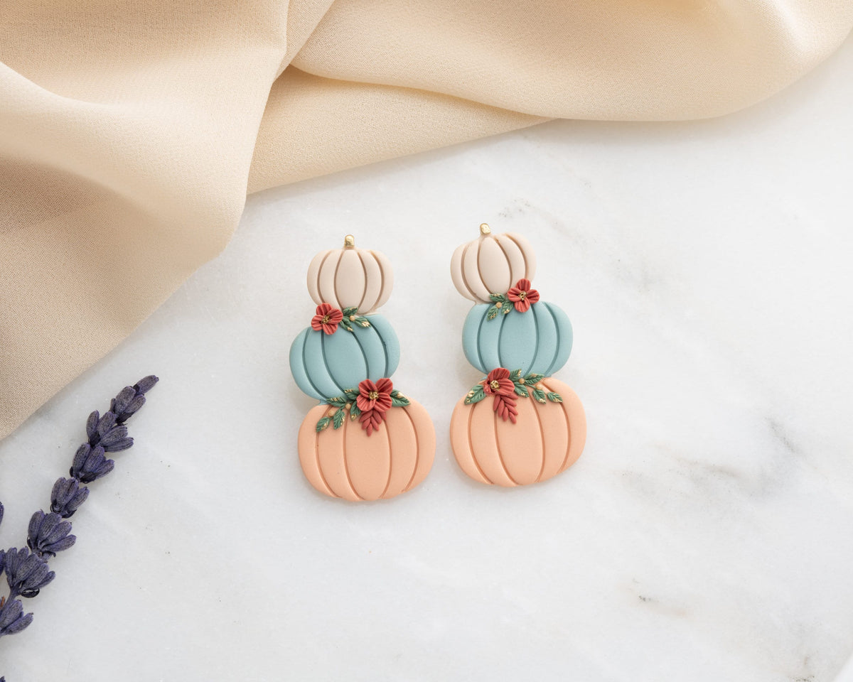 Stacked Pumpkin Stud Earrings with Flowers - Handmade polymer clay Autumn Jewelry
