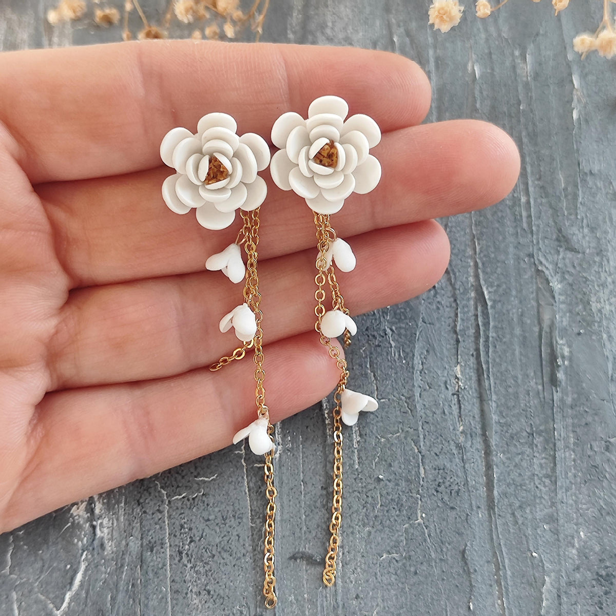 White Floral Dangle Earrings, Handmade Flower Polymer clay Earrings with Gold Chain, Romantic Jewelry , Boho Chic Polymer Clay Accessories