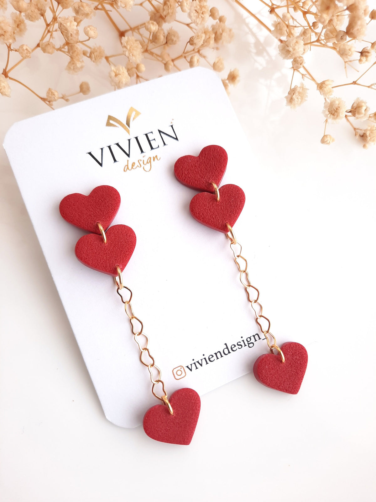 Red Heart Dangle Earrings: 24k Gold Plated Chain, Handmade Polymer Clay
