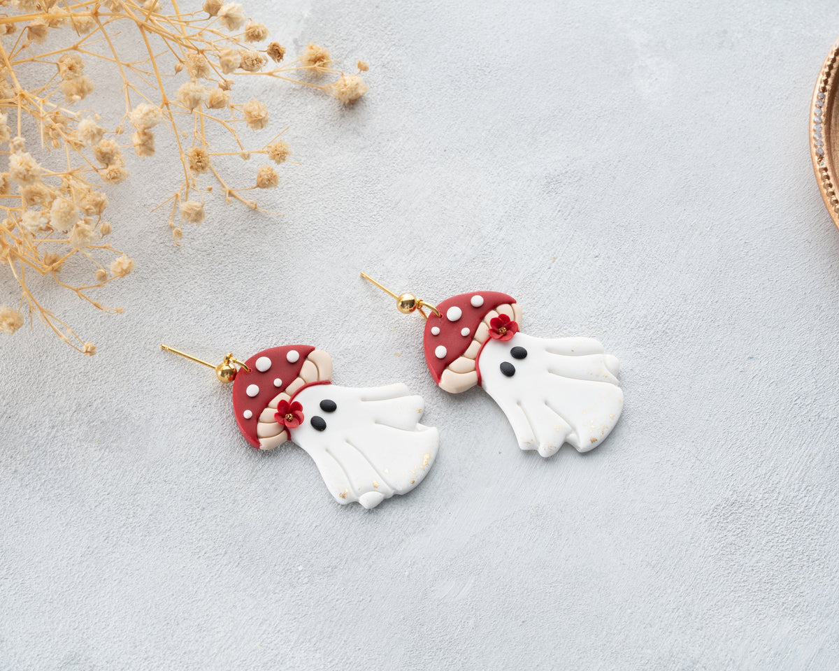 Mushroom Ghost Polymer Clay Earrings | Handmade Halloween Jewelry