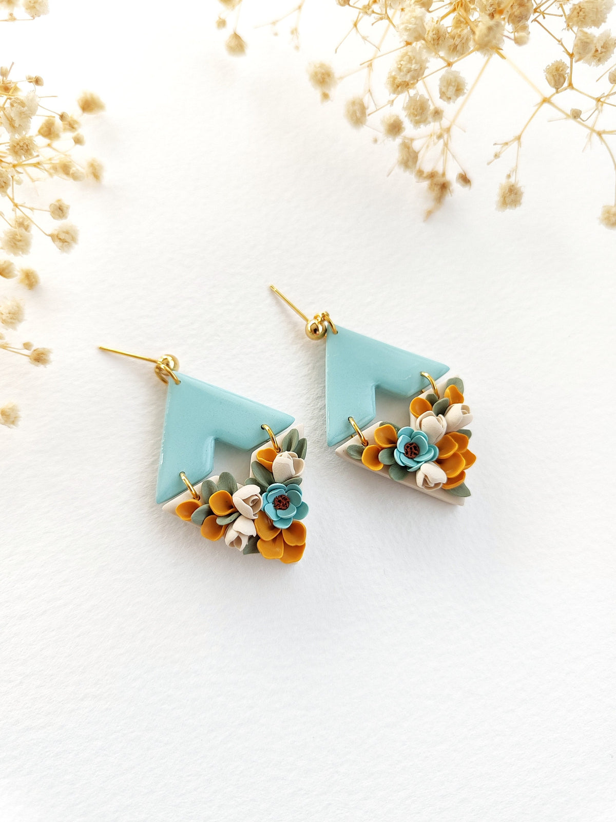 Floral polymer clay earrings,blue flower statement earrings,unique handmade jewerly gift