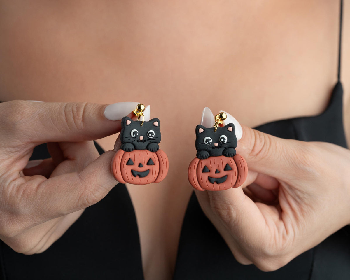Black Cat in Pumpkin Earrings , Handmade Polymer Clay Halloween Jewelry , Cat lover gift