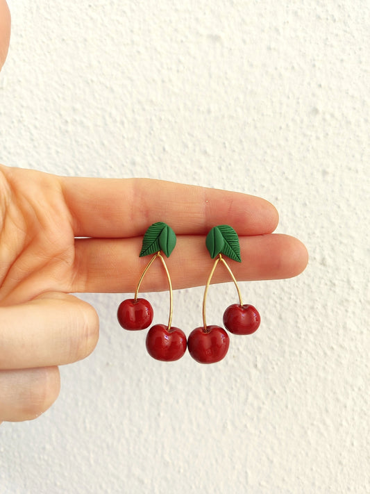 Cherry hanging earrings, spring summer jewelry ,clay fruit earrings,gift for her ,cherry lover