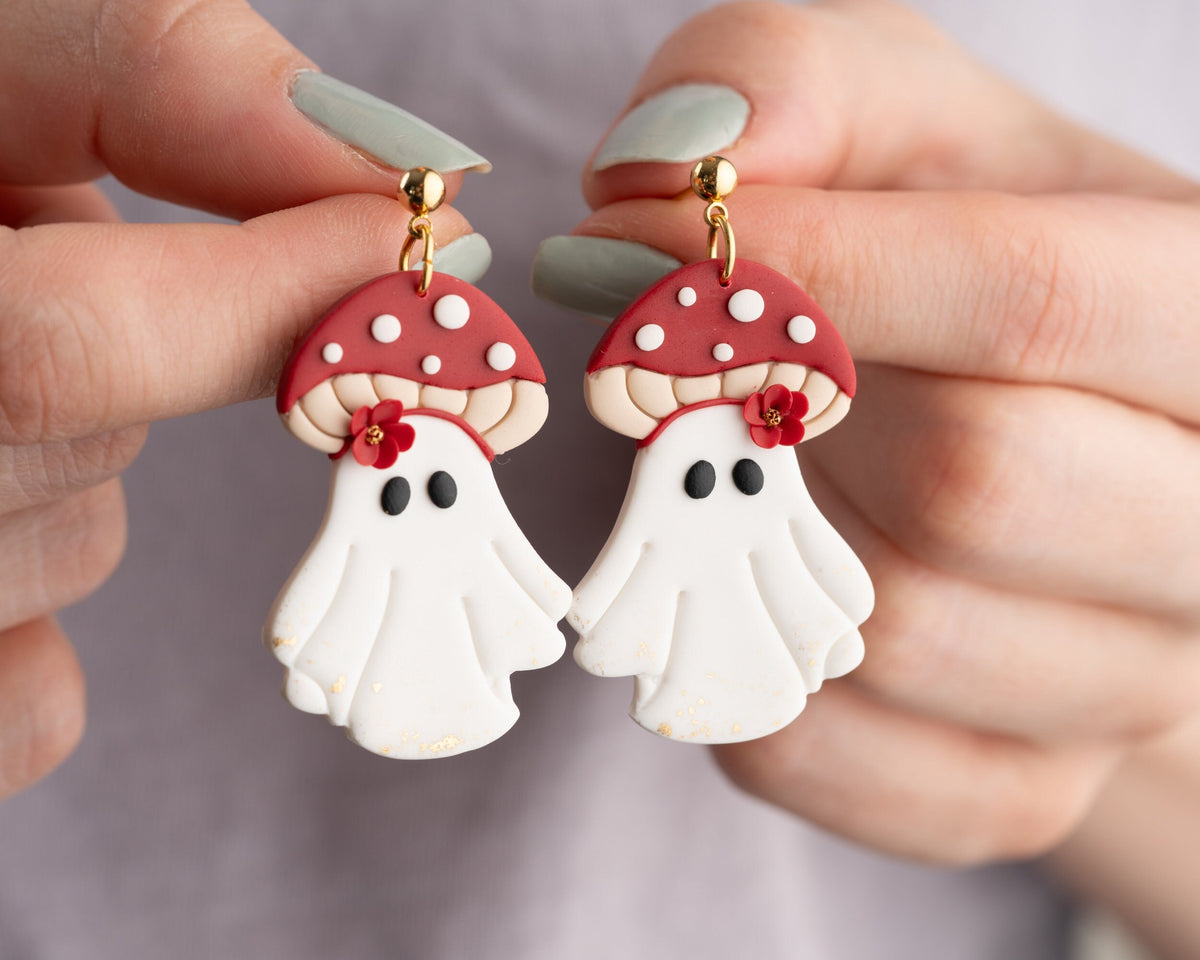 Mushroom Ghost Polymer Clay Earrings | Handmade Halloween Jewelry