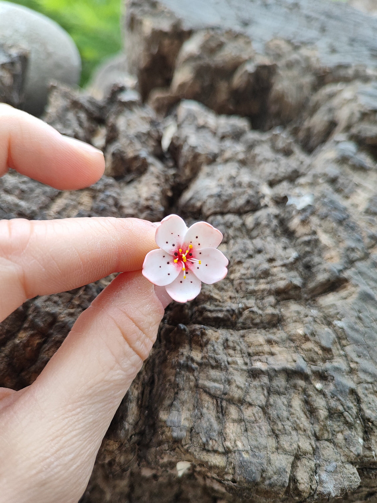 Handmade Polymer Clay Cherry Blossom Jewelry Set: Gold Plated Sakura Necklace & Stud Earrings