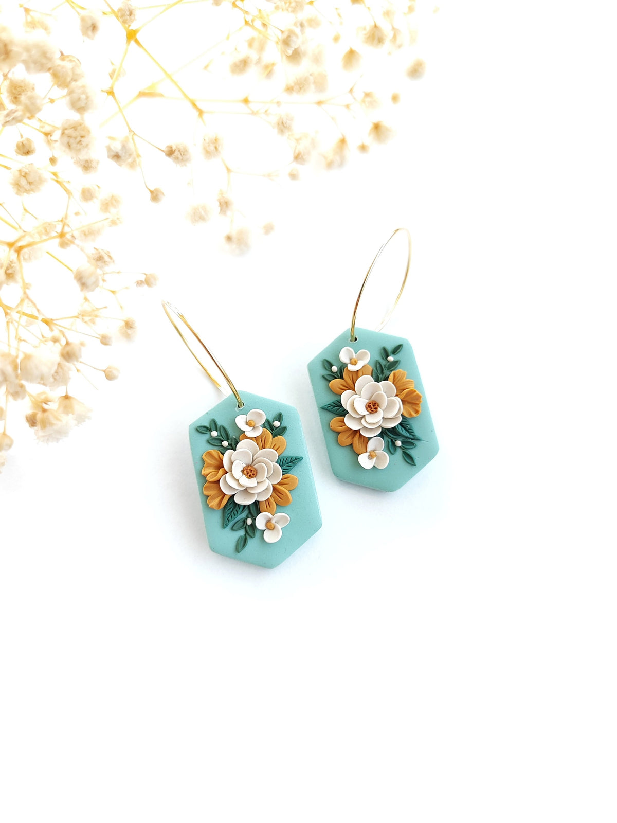 Handmade Floral Earrings , Mint Green 24K Gold Plated Hoops , Polymer Clay Jewelry