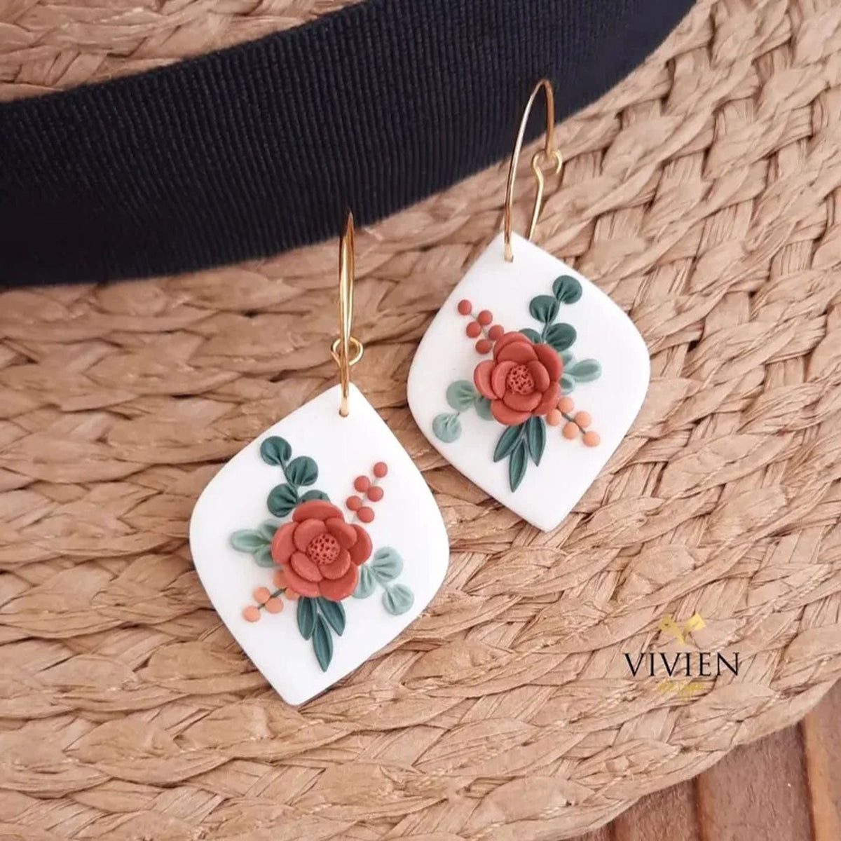 Handmade Polymer Clay Floral Earrings: 24k Gold Plated Hoops