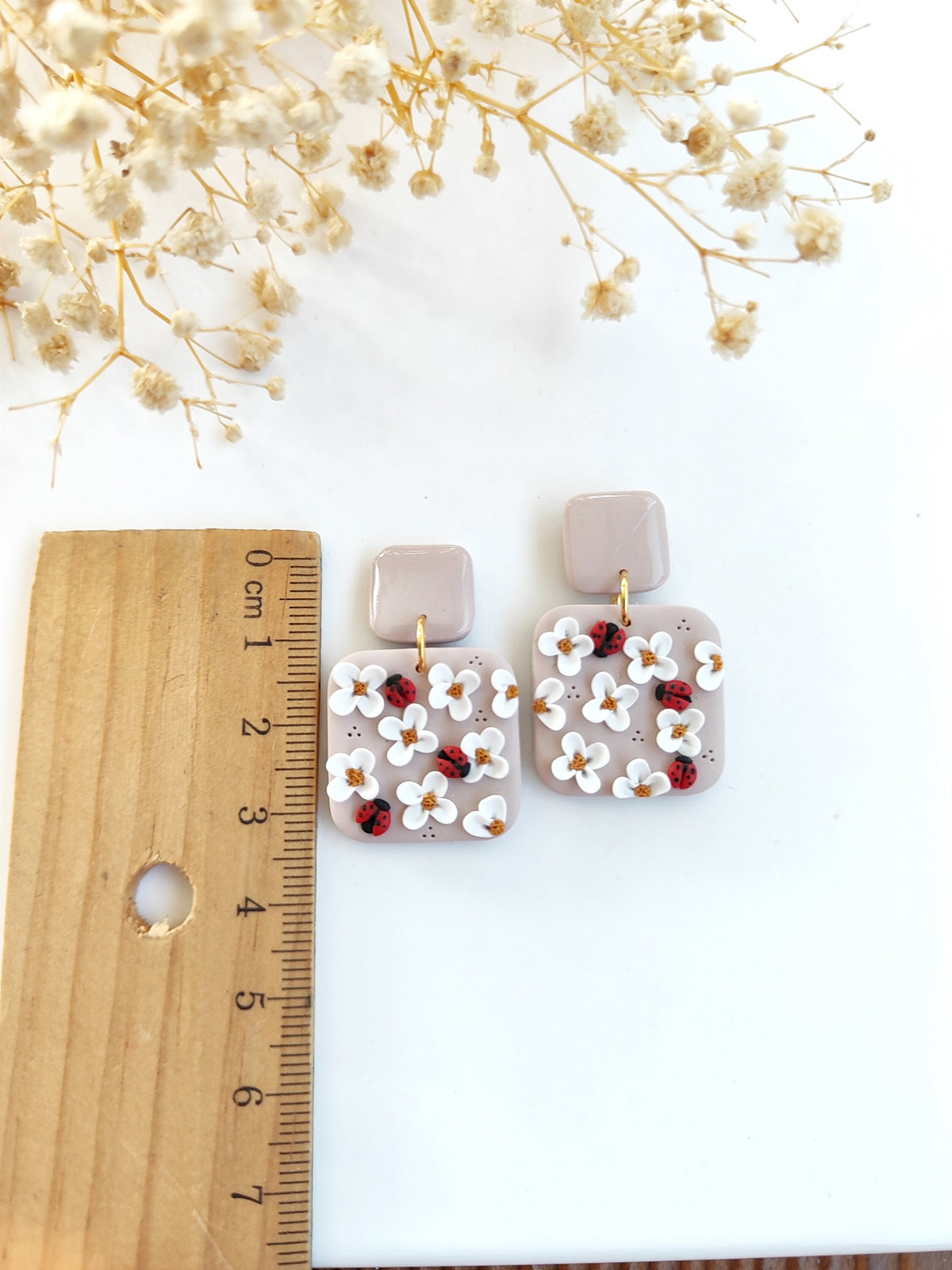 Ladybug and floral polymer clay earrings ,unique handmade earrings like spring,unique jewelry gift