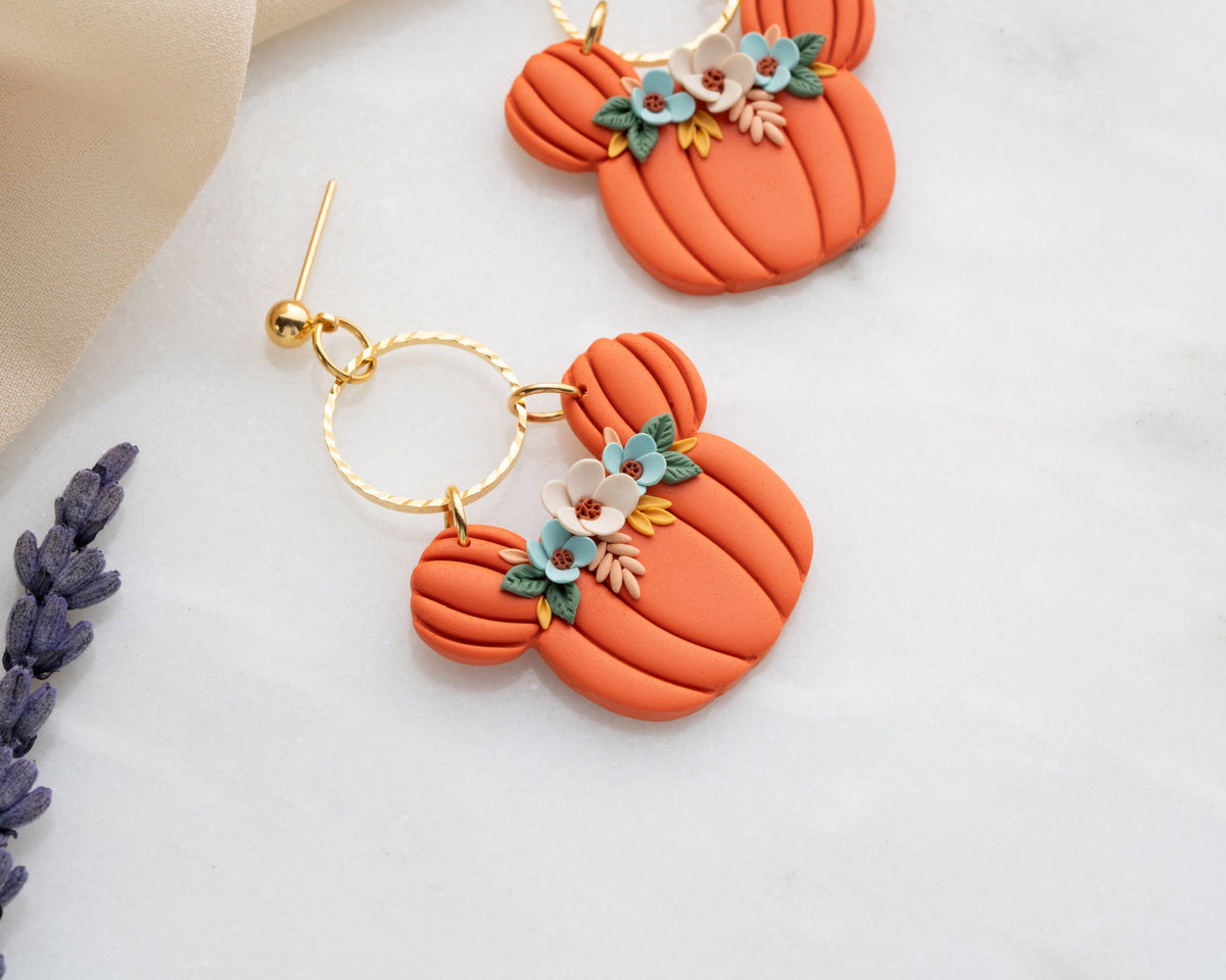 Floral Mickey Pumpkin earrings | Handmade Disney Halloween jewelry , whimsical Mouse Accessories
