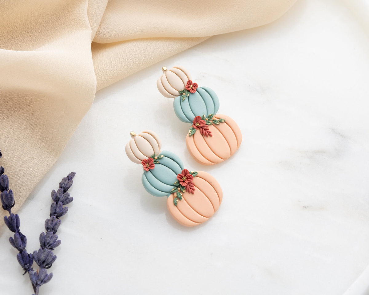Stacked Pumpkin Stud Earrings with Flowers - Handmade polymer clay Autumn Jewelry