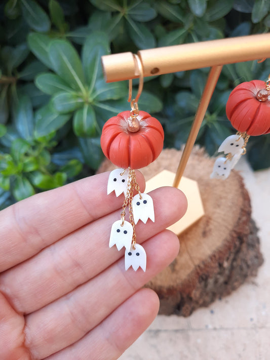 Pumpkin Dangle Earrings with Ghosts , Hanmade Polymer Clay Halloween jewelry ,Spooky Season Accessories
