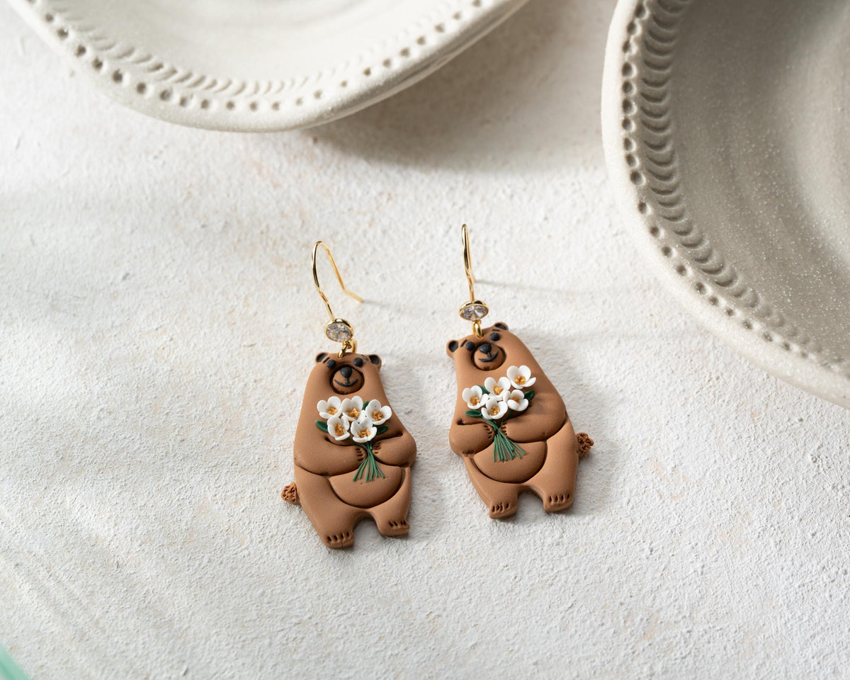 Bear Earrings with White Flowers - Handmade Polymer Clay Fall Jewelry
