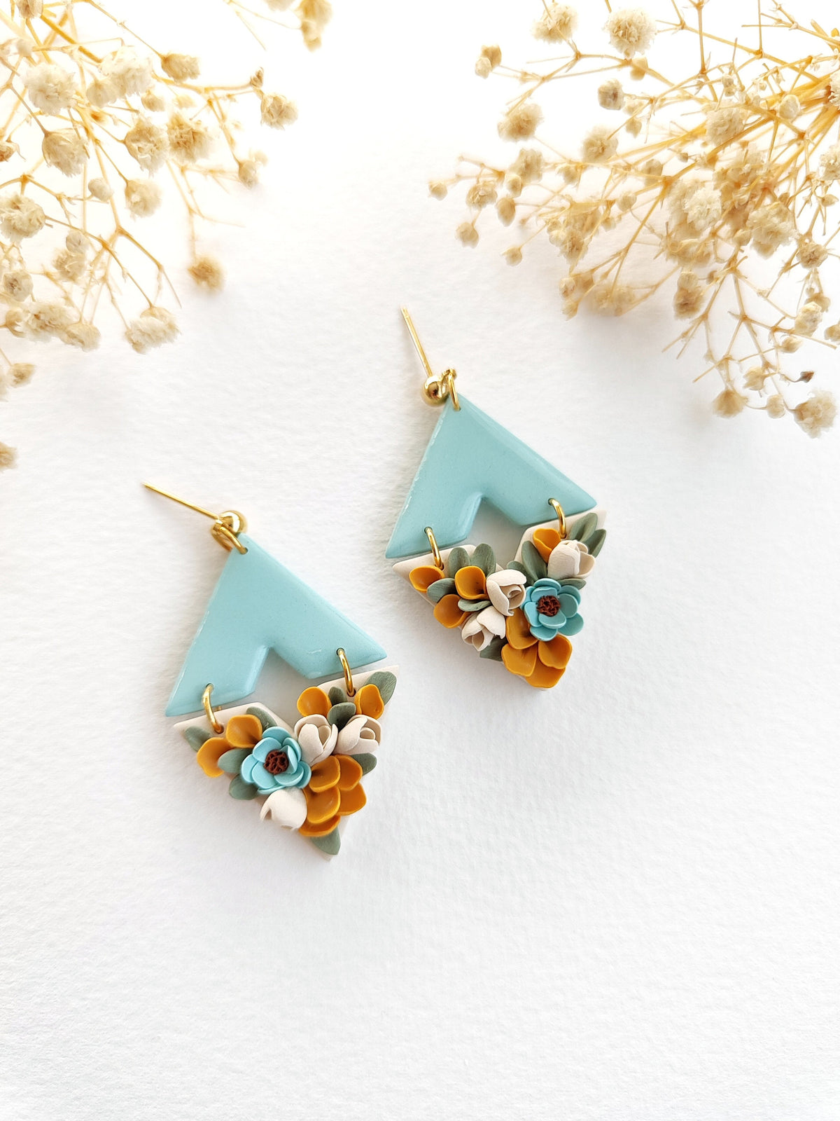 Floral polymer clay earrings,blue flower statement earrings,unique handmade jewerly gift